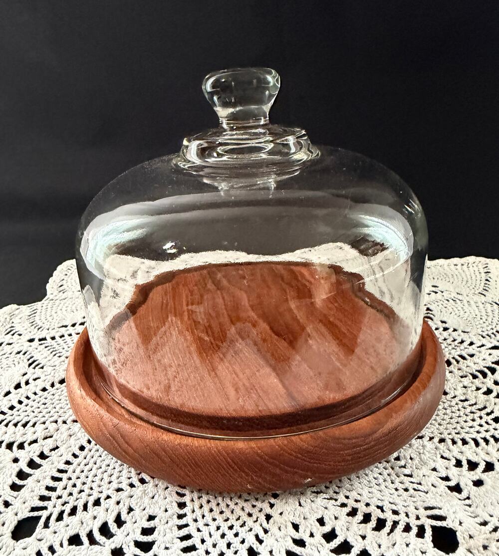 Vintage Teak Cheese Board Glass Cloche Dome Mid Century Wood Serving Tray